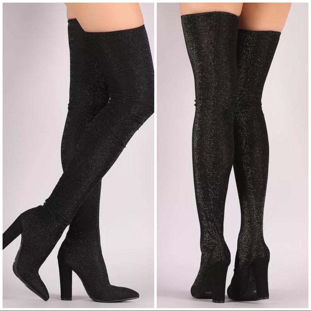 Bamboo Glitter Knit Pointy Toe Over-The-Knee Boots